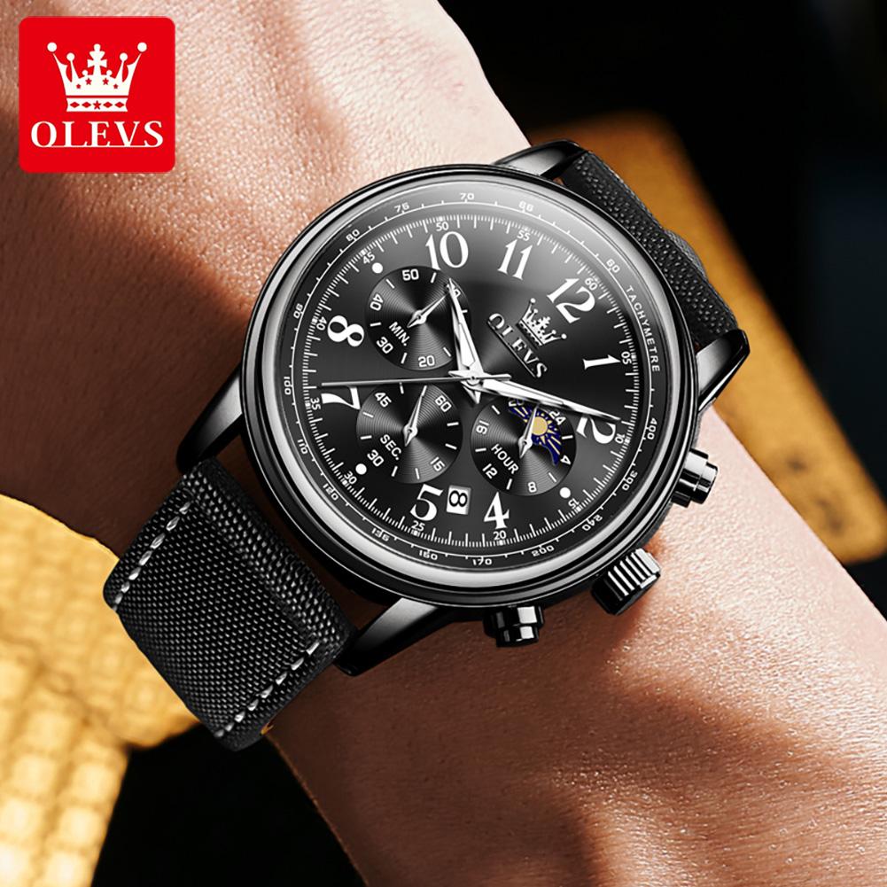 OLEVS 2912 Oem Custom Luxury Brand Fashion Moon Phase Genuine Leather Strap Multifunctional Chronograph Quartz Watch for Man