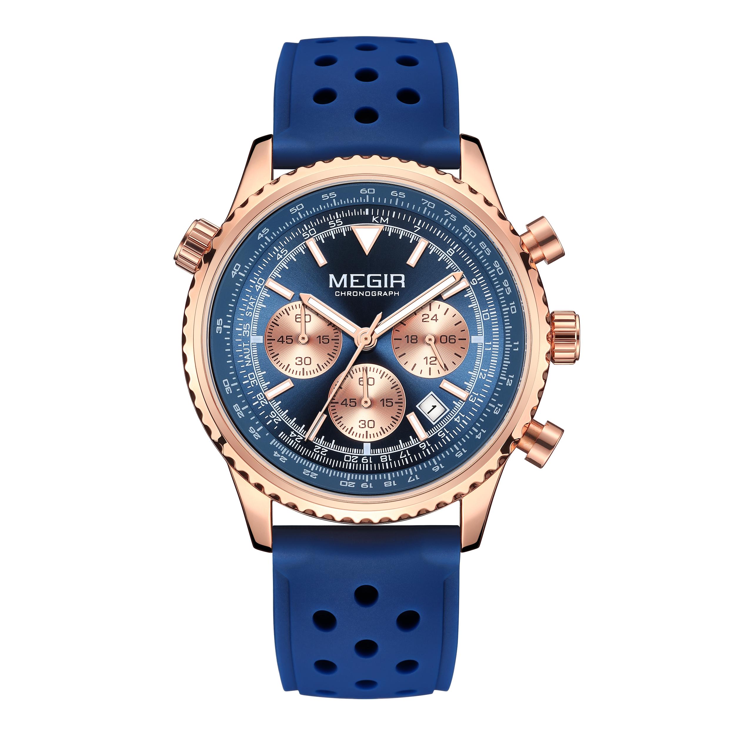 

MEGIR Men s Watch Quartz Sport Chronograph Fashion Luminous Calendar Man Wristwatch 24-hour Silicone Strap Relogio Masculino 2236 синий