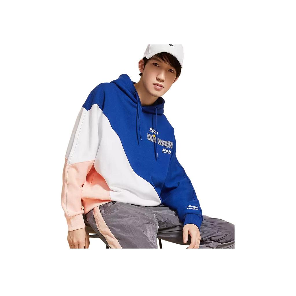 Li-Ning SS20 Paris Fashion Week Ping Pong Print Colorblock Hoodie Unisex Hoodie Blue AWDQ337-1