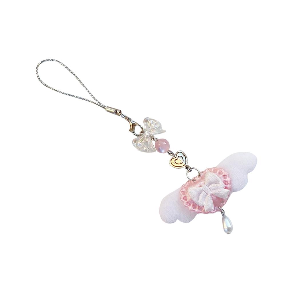 Cute Pink Fur Angel Wing Phone Strap Keychain With Bow Charm Unique Bag Decoration For Girls Lolita Style Accessories