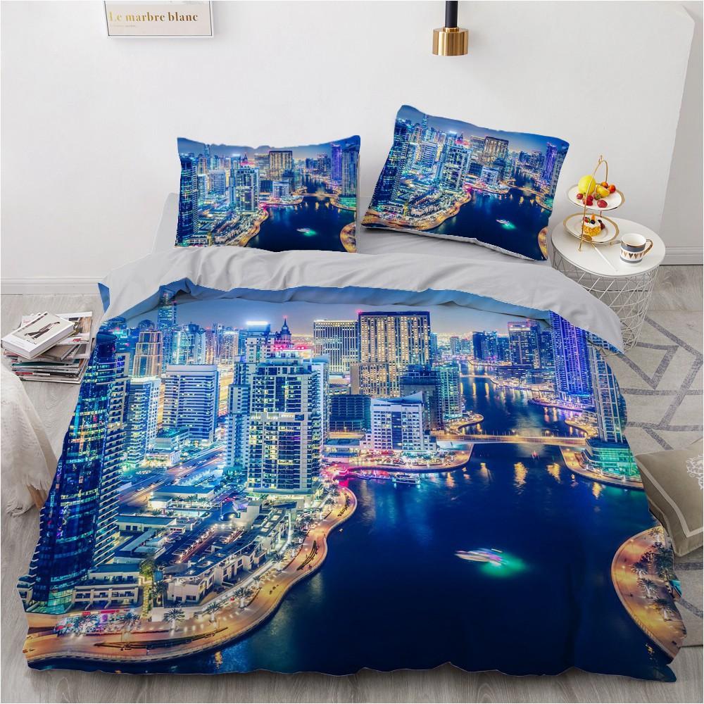 Urban Night View Duvet Cover Set Brightly Lit Night Scene Bedding Set For Teens Adults Queen Size Soft Microfiber Quilt Cover