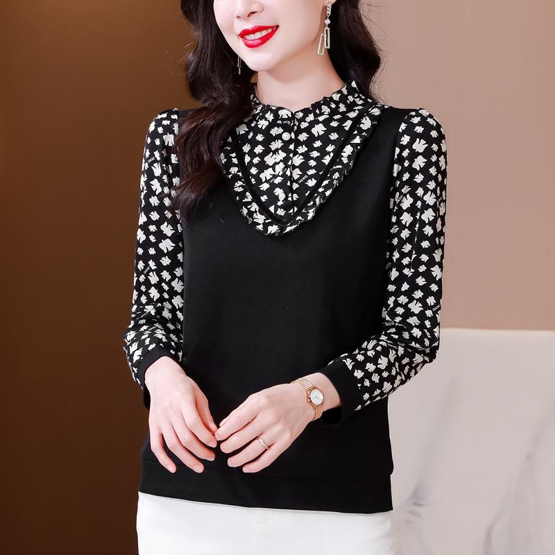 2026 Spring and Autumn Long-Sleeve Slim-Fit Shirt with Ruffled Edge and Printed Design for Women