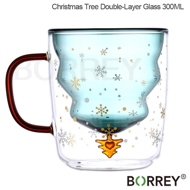 BORREY Christmas Cup Transparent Double Anti-Scalding Glass Christmas Tree Star Coffee Milk Juice Mug Children's Christmas Gift
