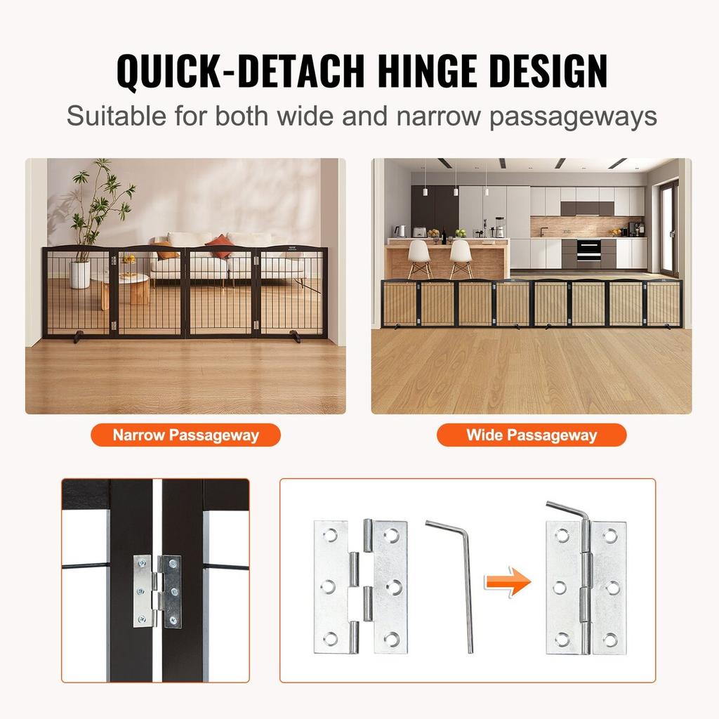 Free Standing Dog Gate 32x96.5 Inch Freestanding Pet Gate Foldable Brown