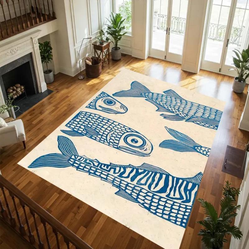 Minimalistyczny Dywanik do Pływania, Stylizowana Niebieska Ryba ze Szczegółowymi Wzorami, Czysty Kontrastowy Wzór do Jasnej i Przestronnej Dekoracji Pokoju