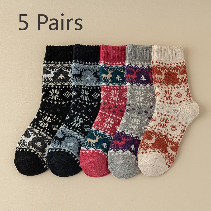 5 Pairs of Women Retro Thickened Warm Ethnic Wind Rabbit Wool Mid Tube Socks