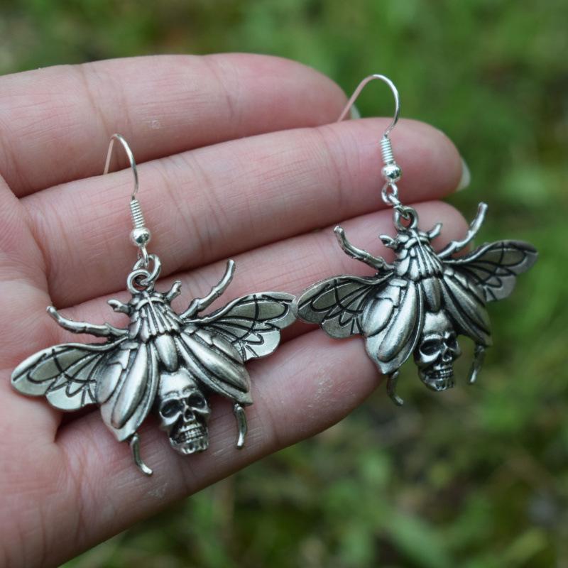 Gothic Skull Moth Earrings: Antique Silver, Punk Style, Women's Statement Accessories