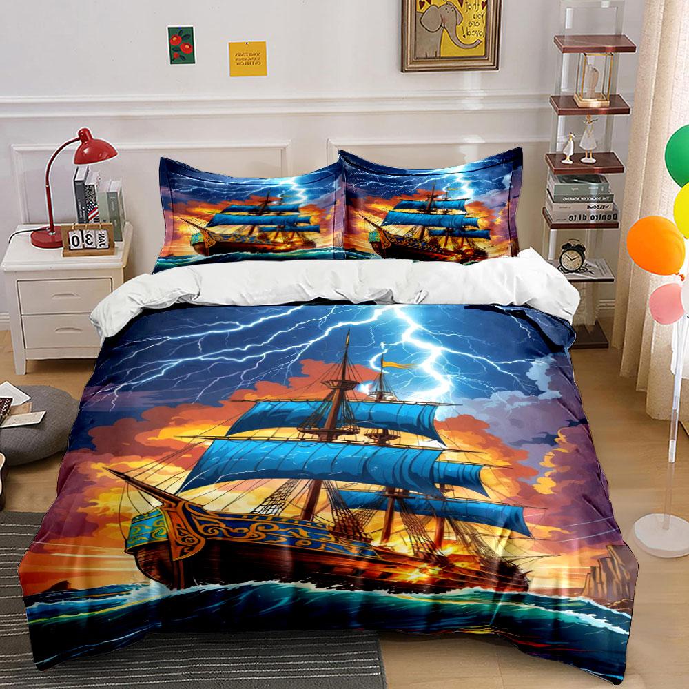 Blue sailing ship design. Bedding sets Duvet cover sets Duvet covers Pillowcases(1*Duvet Cover 2*Pillowcases without duvet insert) 135x200cm