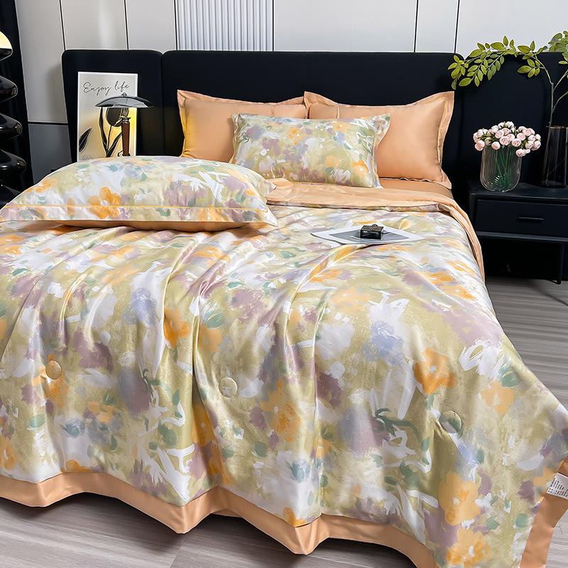 Summer Cool Tencel Quilt Set 4 Piece Includes Summer Blanket Bed Sheet Two Pillowcases Silk Lightweight Quilt For Double Twin Size