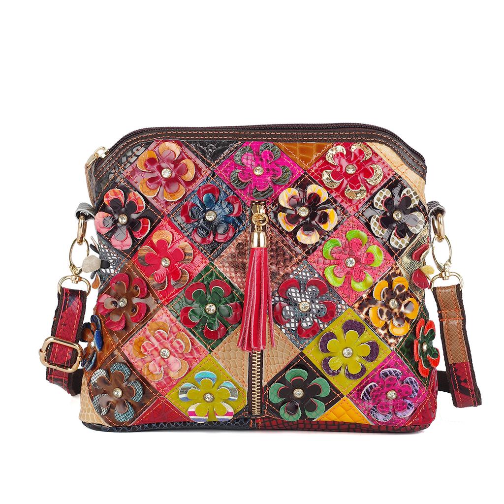 Damen Leder Umhängetasche mit Schlangenprint zufällige Blumenfarbe Mosaik Fransen kleine Tasche Mode