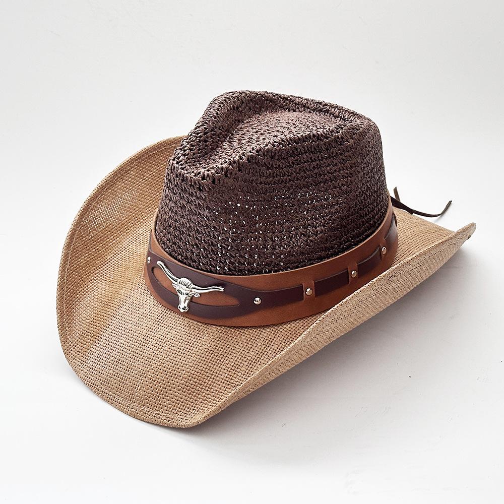 Western Cowgirl Hats for Men and Women Adjustable Bull Head Beaded Fedora Wide Brim Straw Hat 2025 New Panama Jazz Caps