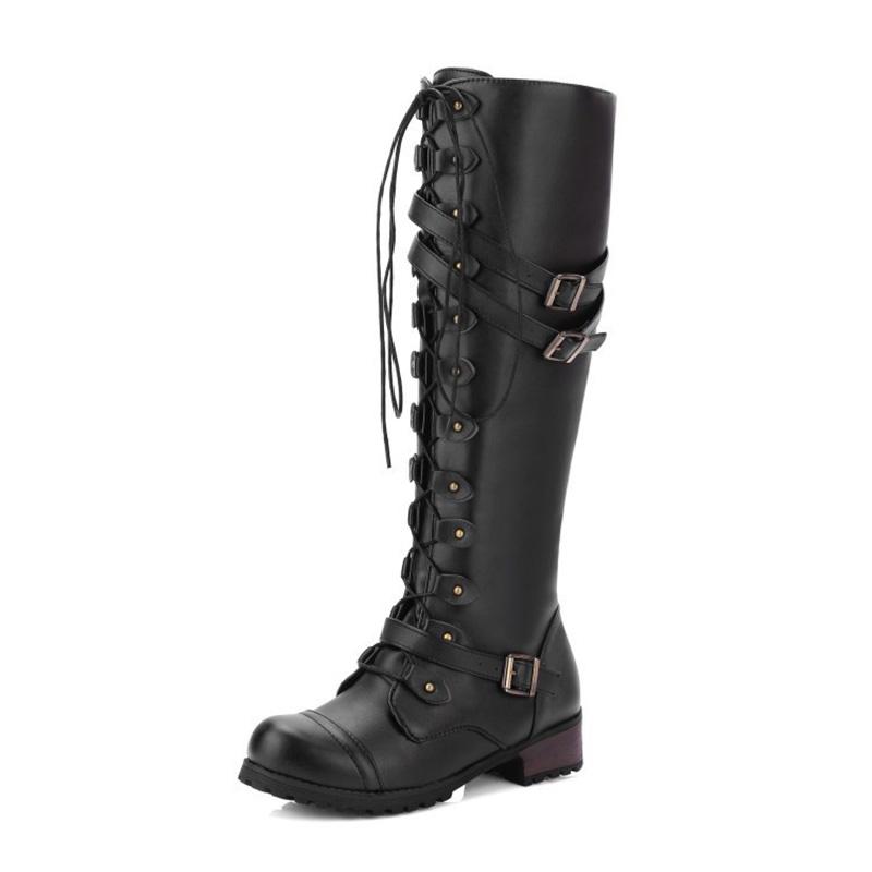 Stivali da Combattimento Militare alla Moda, Eleganti e Senza Tempo, da Donna, Alti Fino al Ginocchio, con Lacci e Fibbia