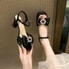 Summer New Block Heel Versatile One Buckle Strap Open Toe High Heels Bow Rhinestone Square Toe Sandals Women