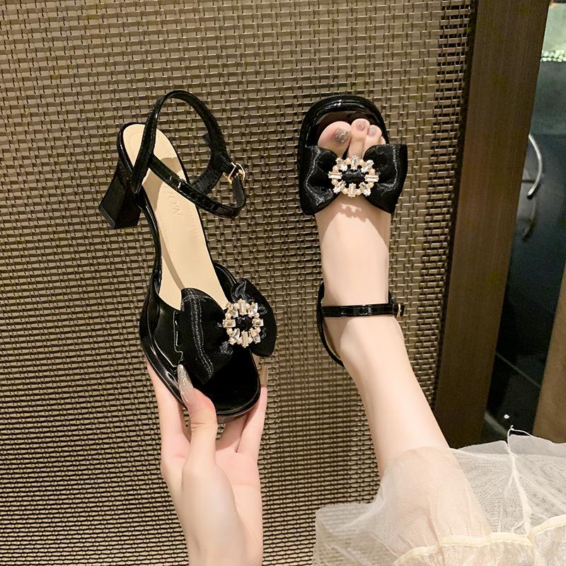 Summer New Block Heel Versatile One Buckle Strap Open Toe High Heels Bow Rhinestone Square Toe Sandals Women