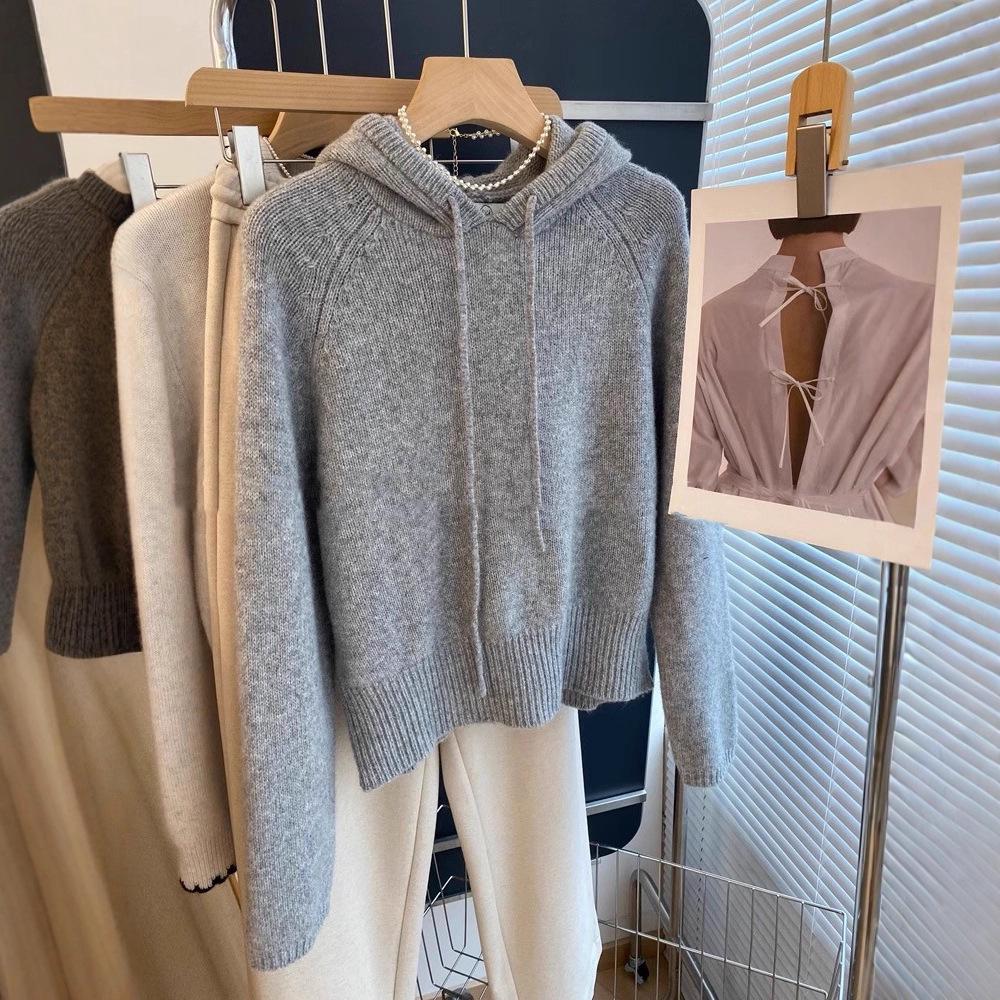 Women’s Korean-Style Gray Hooded Knit Sweater – Soft, Cozy, and Perfect for Autumn/Winter
