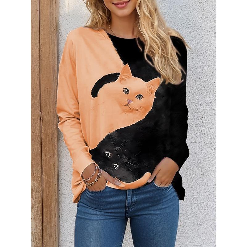 Women's T shirt Tees Color Block Cat Black White Print Long Sleeve Daily Weekend Funny Round Neck Regular Fit Spring