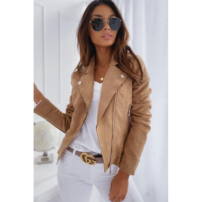 Damen V-Ausschnitt Langarm Bikerjacke Slim Fit Revers Reißverschluss Wildleder Cropped Mantel Einfarbig Lässig Moto Oberbekleidung Für Frühling Tägliche Kleidung