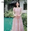 Prairie Chic Summer Women Fairy Midi Dress Square Collar Lace Patchwork Hollow Out Dress Pink Embroidery Feminine Sweet Dresses