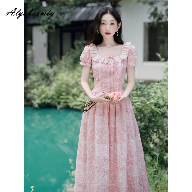 Prairie Chic Summer Women Fairy Midi Dress Square Collar Lace Patchwork Hollow Out Dress Pink Embroidery Feminine Sweet Dresses