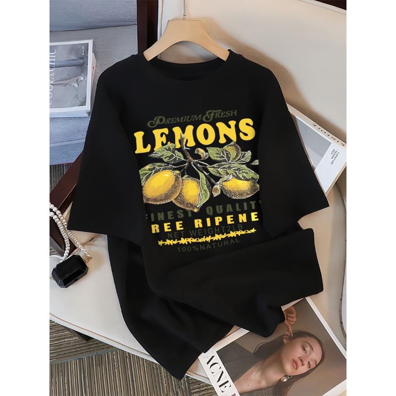 Lemons Fruits Premium Print Women's Loose Cotton Sportswear Round Neck Casual T-Shirt Loose Y2k Fresh Short Sleeve