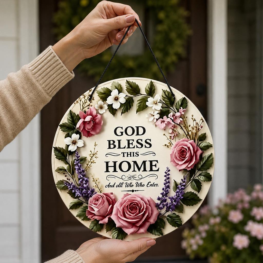 Round Floral Door Sign with Blessing Text Farmhouse Style Hanging Plaque for Home Entryway Porch Indoor Outdoor Decor