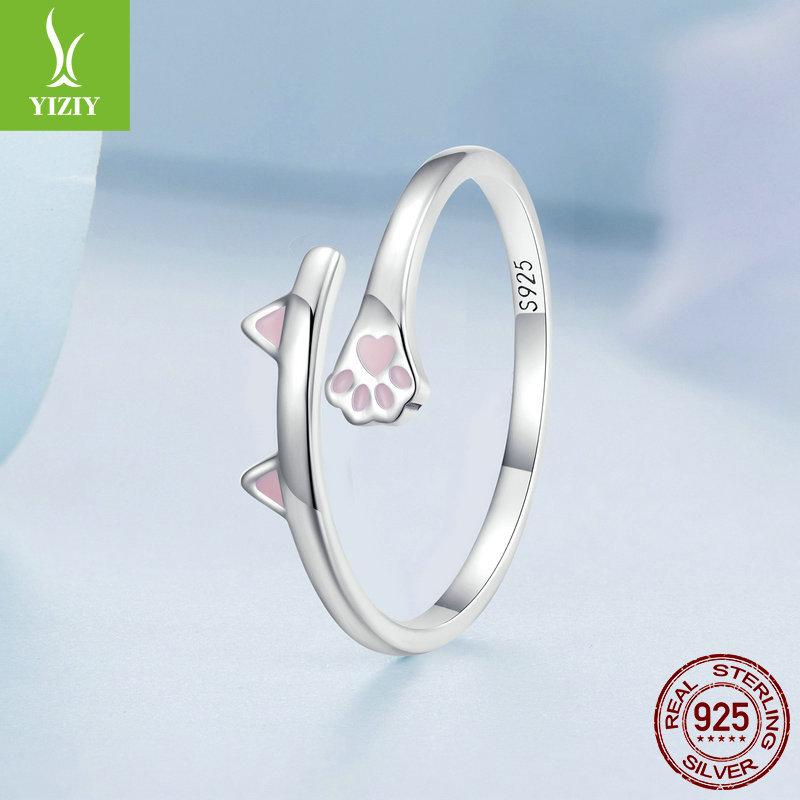 Cute S925 Silver Cat Open Ring, Pink Girl Heart Paw Print Ring Hand Jewelry Bsr316