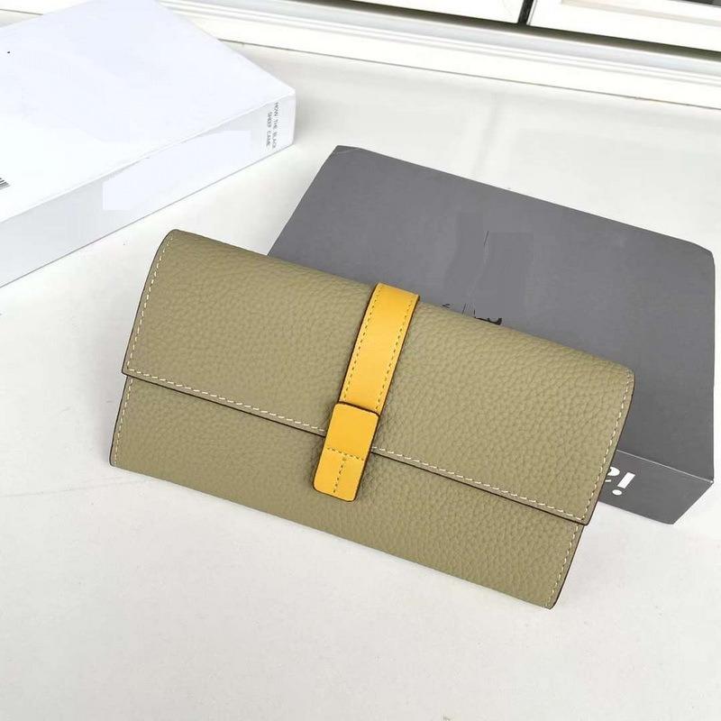 New Genuine Leather Women's Wallet Top Layer Cowhide Lychee Pattern Drawstring Contrasting Color Long Three Fold Bag