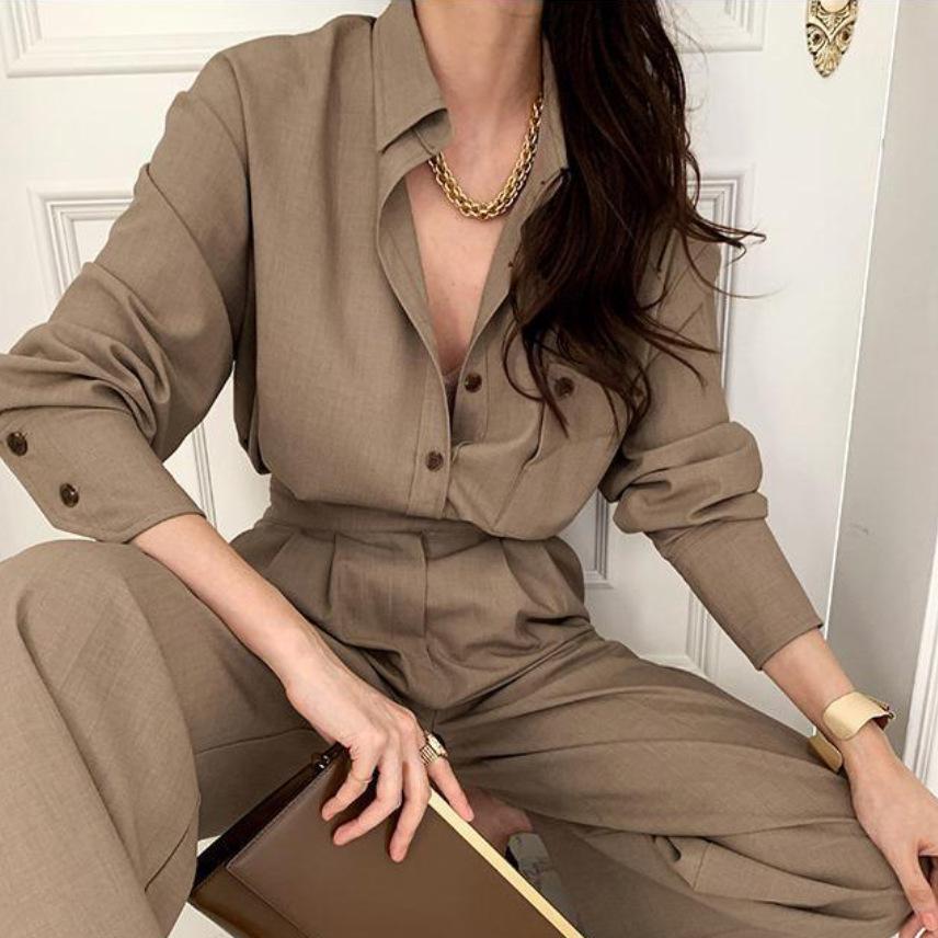 Women's 2025 Fashion Long Sleeve Shirt & High Waist Wide Leg Pants Two-Piece Suit