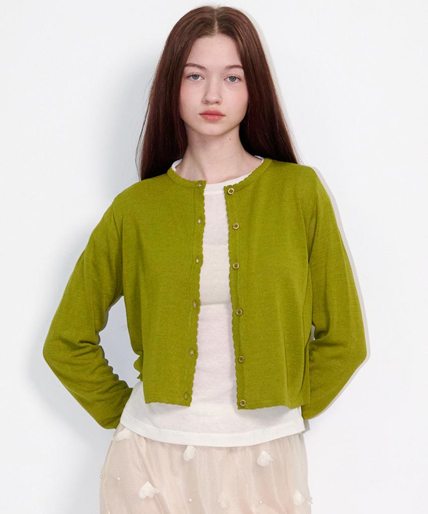 OPENING SUNSHINE Sheer Scallop Linen Cardigan Olive
