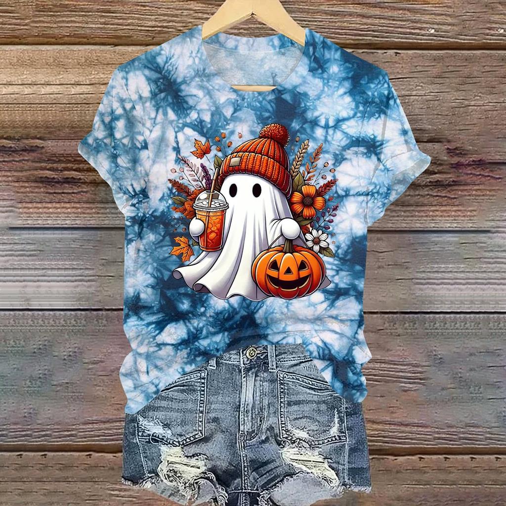 Ladies' Casual Halloween Printed Round Neck Short Sleeved T-Shirt