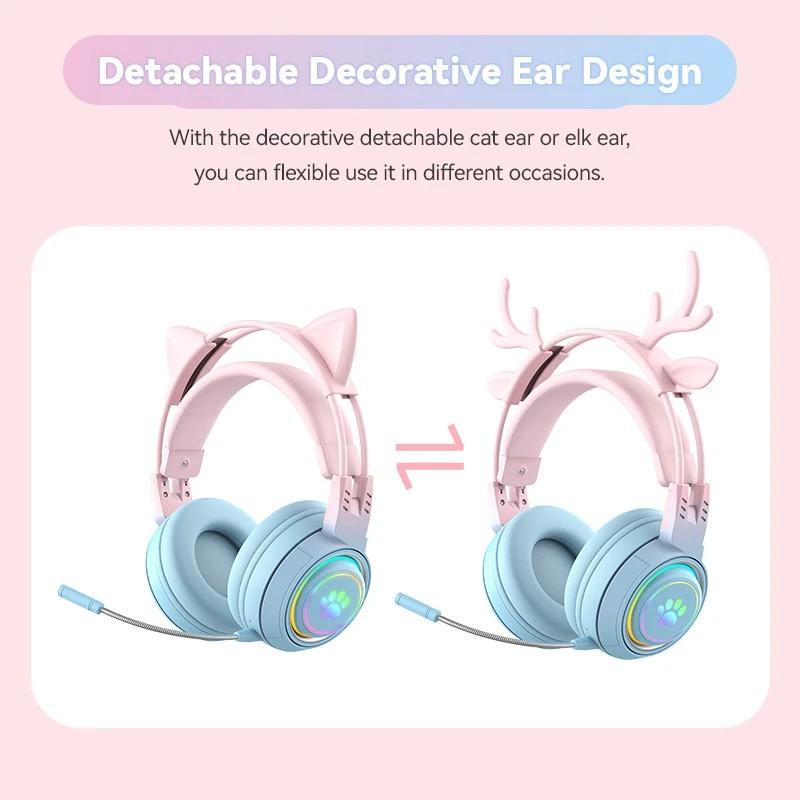 2 in 1 Cute Antlers/Cat Ears Wireless Bluetooth Headphones Gamer 3.5mm Headset Gaming Headphones Gift for Children Low Latency