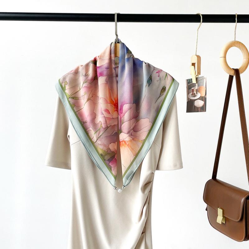 Potato Shiny National Style Silk Scarf Magnetic Buckle Necklace Pendant Square Scarf Neck Scarf Shawl Dual-purpose Sunscreen Scarf