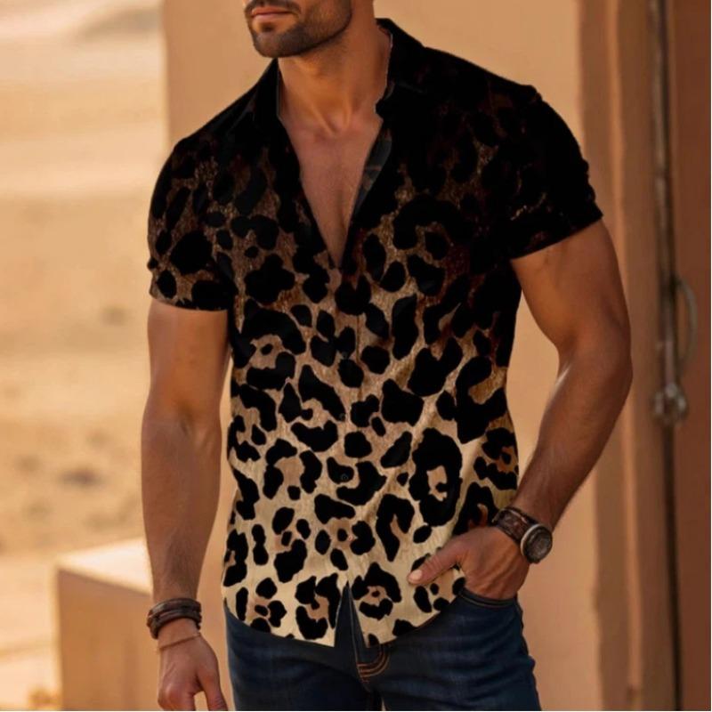 Men Gradient Leopard Print Lapel Button Down Short Sleeve Loose Casual Shirt M