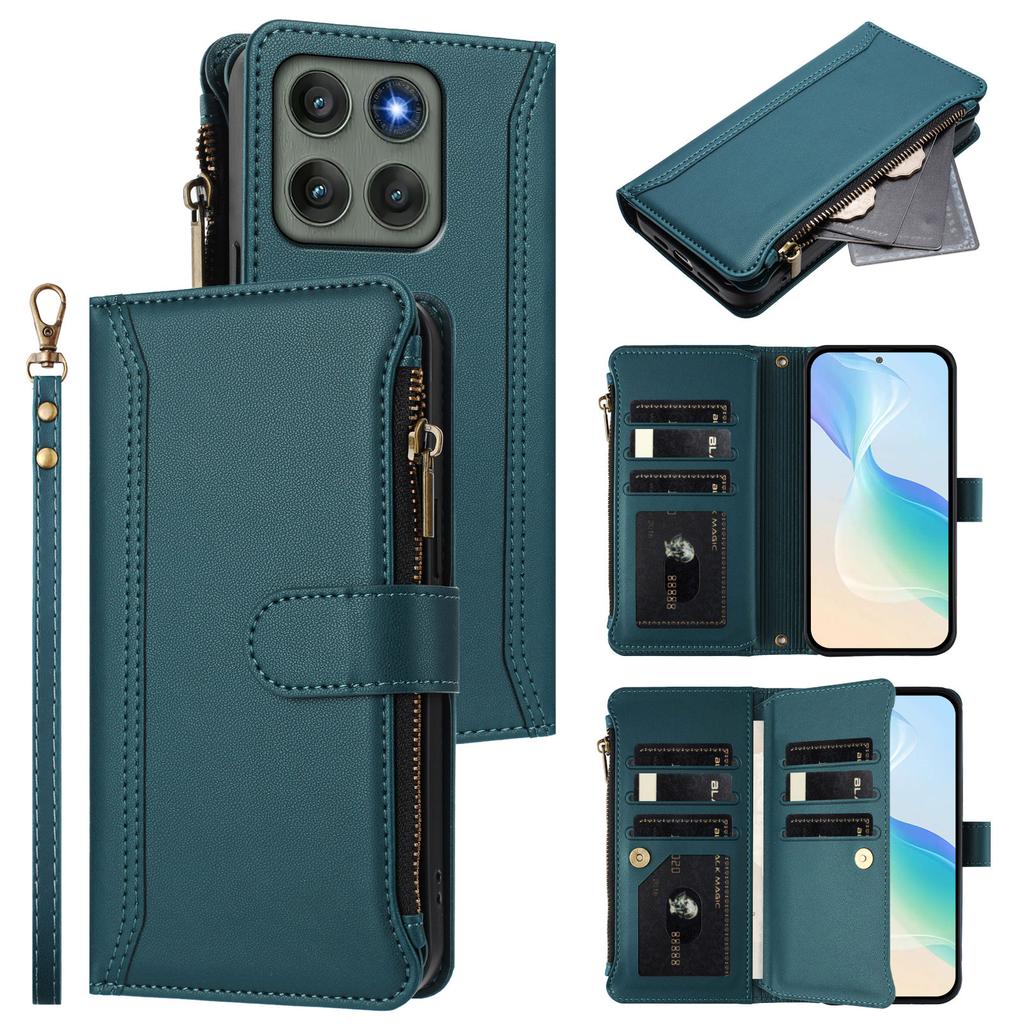For Motorola Edge 60 Pro 5G Leather Case 9 Card Slots Zipper Wallet Stand Phone Cover with Wrist Strap
