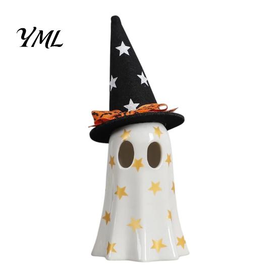 Cute Ghost Desk Decor Light Up Halloween Decoration, Spooky Witch Hat Figurine, Kids Bedroom Night Resin LED Lighted Statue for Mantel, Shelf, Indoor