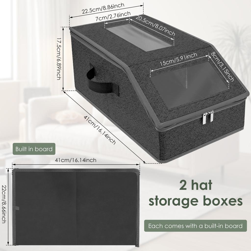 2Pcs Foldable Zipper Baseball Cap Storage Box Non Woven Fabric Baseball Cap Organizer With Clear Window for Clothes Hats