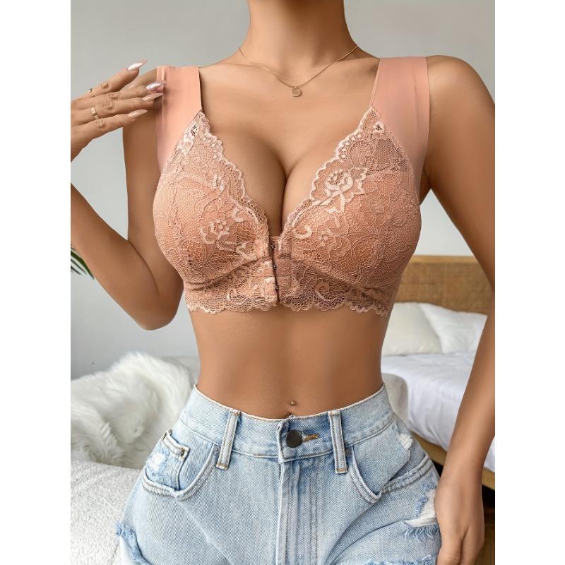 Simple Solid Contrast Lace Front Buckle Bra, Comfy & Breathable Wireless Push Up Bra, Women's Lingerie & Underwear