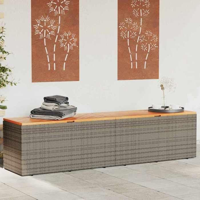 VidaXL Patio Storage Box Gray 86.6"x19.7"x21.3" Poly Rattan Acacia Wood, Garden Storage Box, Outdoor Cushion Storage, 365959