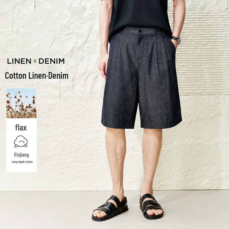Men s Cotton Linen Washed Denim Double Pleated Loose Shorts M джинсовый синий