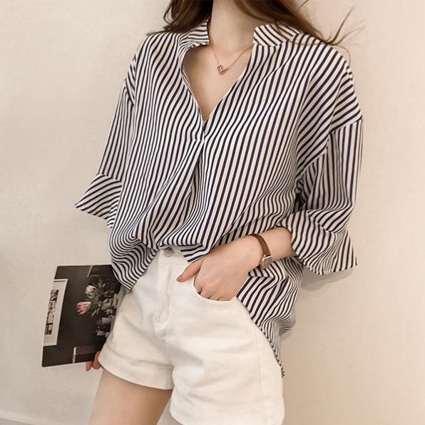 Plus Size Women's V-Neck Striped Seven-Sleeve Casual Shirt - 2025 Korean Summer Collection