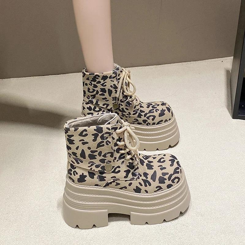 Mode 10CM Leopard Plateau Damen Stiefeletten Hohe Absätze Winter Wildleder Warmes Fell Schneestiefel 2025 Trend Frau Herbst Schnürstiefel Damen