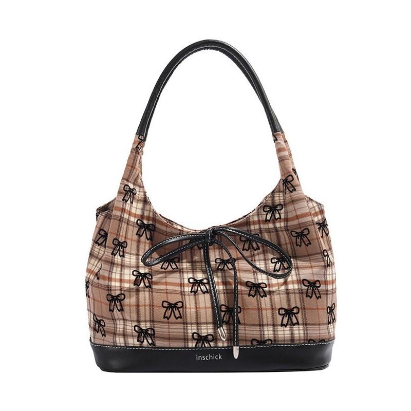 Ielgy Plaid Bow Canvas Bag Fashionable All-Match One-Shoulder Underarm Bag