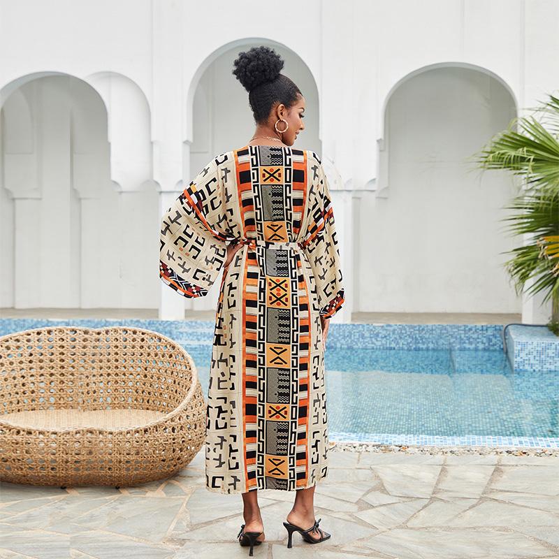 EDOLYNSA 2023 Boho Printed Bikini Cover-ups Elegant Self Belted Kimono Dress Tunic Women Plus Size Beach Wear Swim Suit Cover Up Q1228