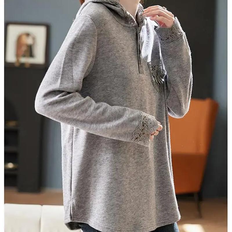 Sweatshirt for Women Cotton Oversize Mid-Length Long-Sleeve LaceThickened Loose Casual Pullover  Sweatshirt