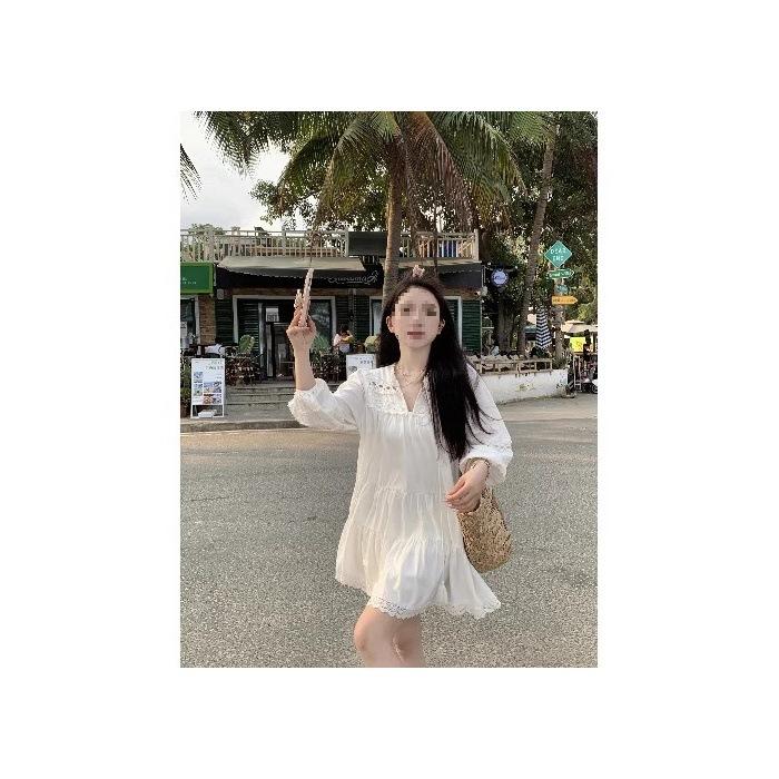 French white bubble sleeve shirt dress women's new spring and summer small long sleeve Yunnan travel wear
