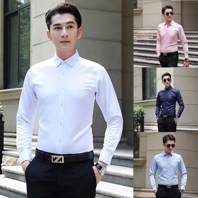 Men's Spring and Autumn Thin Size Plus Size Solid Color Slim Fit Solid Color Button Free Long Sleeve Shirt