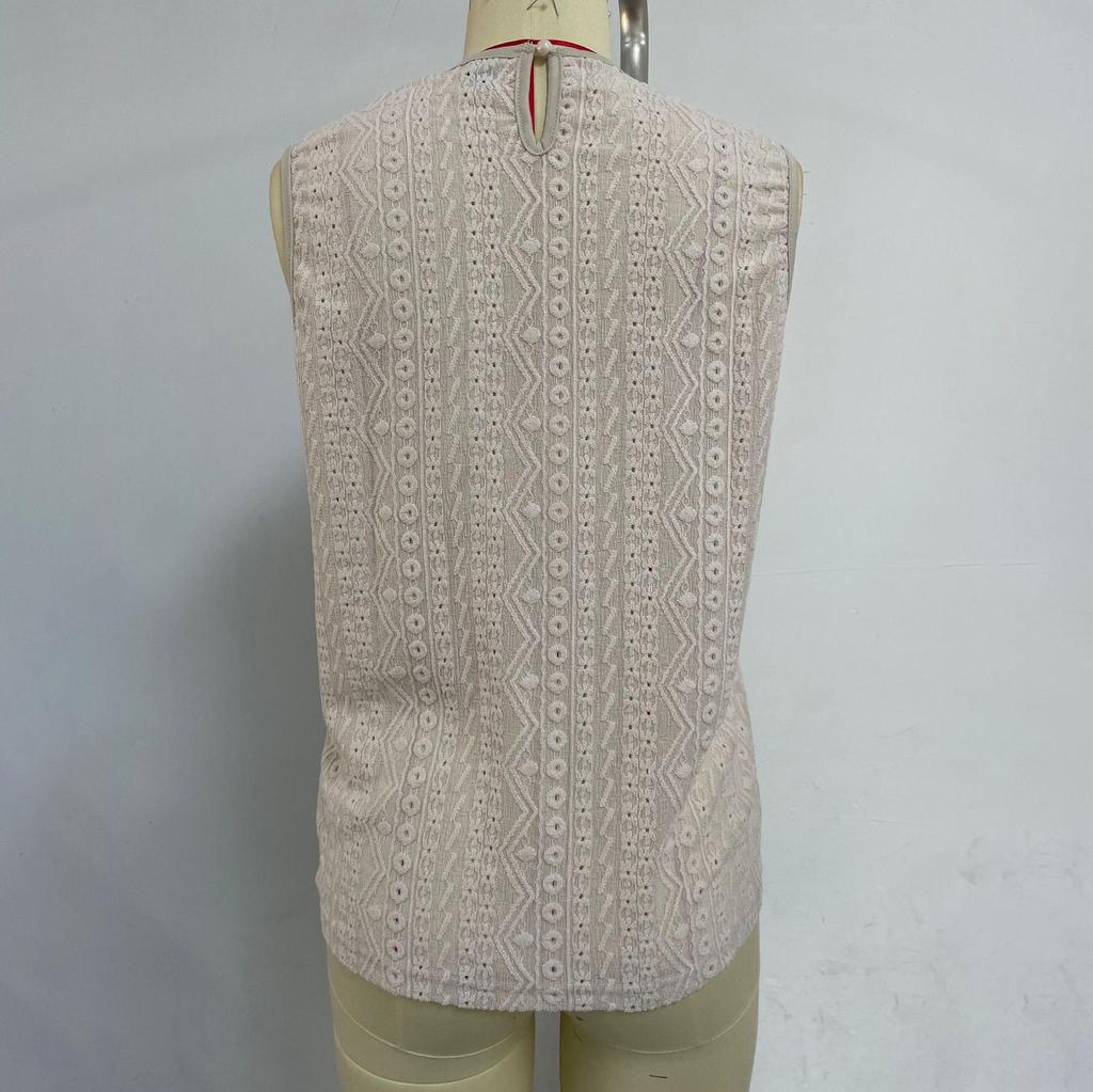 Kvinner Vår Sommer Elegant Blonder Patchwork O-Hals Hul Topp Ensfarget Heklet Camisole Topp Pullover Skjorte S-XL