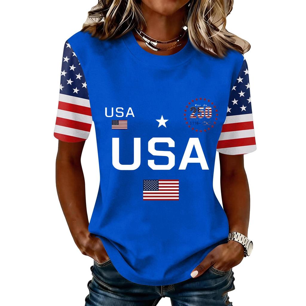 Blusa Feminina da Moda Casual de Manga Curta com Estampa e Gola Redonda