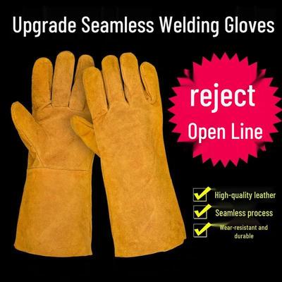 Seamless Heat-Resistant Cowhide Welding Gloves - Anti-Scald, Thickened, Soft Protection.