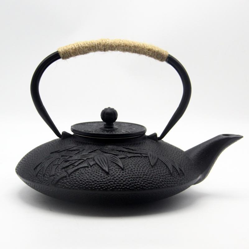 European Style Enamel Cast Iron Teapot with Flat Bamboo Design